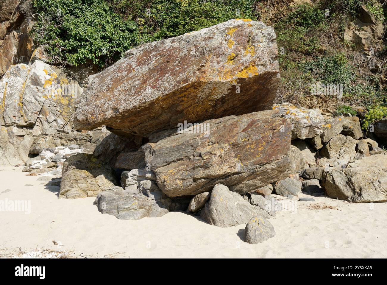 Massi di fronte alla scogliera di Saint-Jean-le-Thomas (Manche, Normandia, Francia). Foto Stock