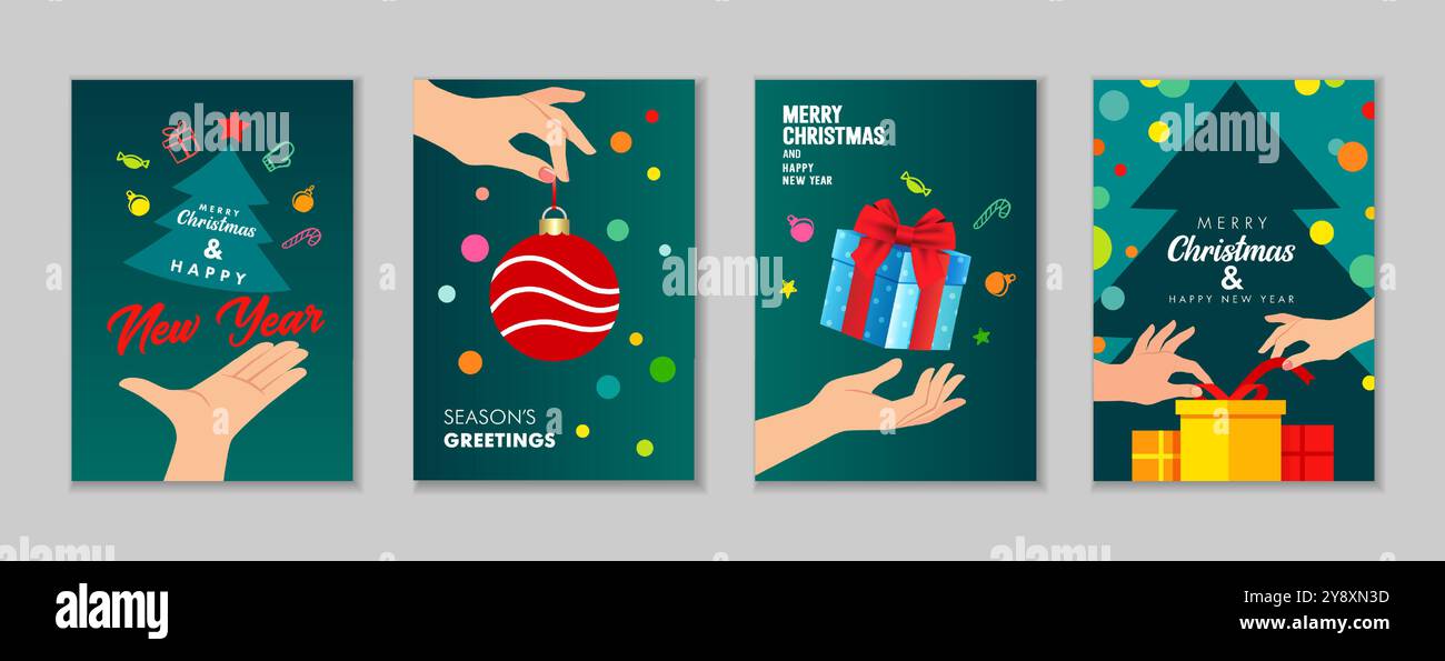 Buon anno 2025 e biglietti di auguri di Natale con mani e decorazioni natalizie. Set di cover premium con mani che tengono la palla di Natale Illustrazione Vettoriale