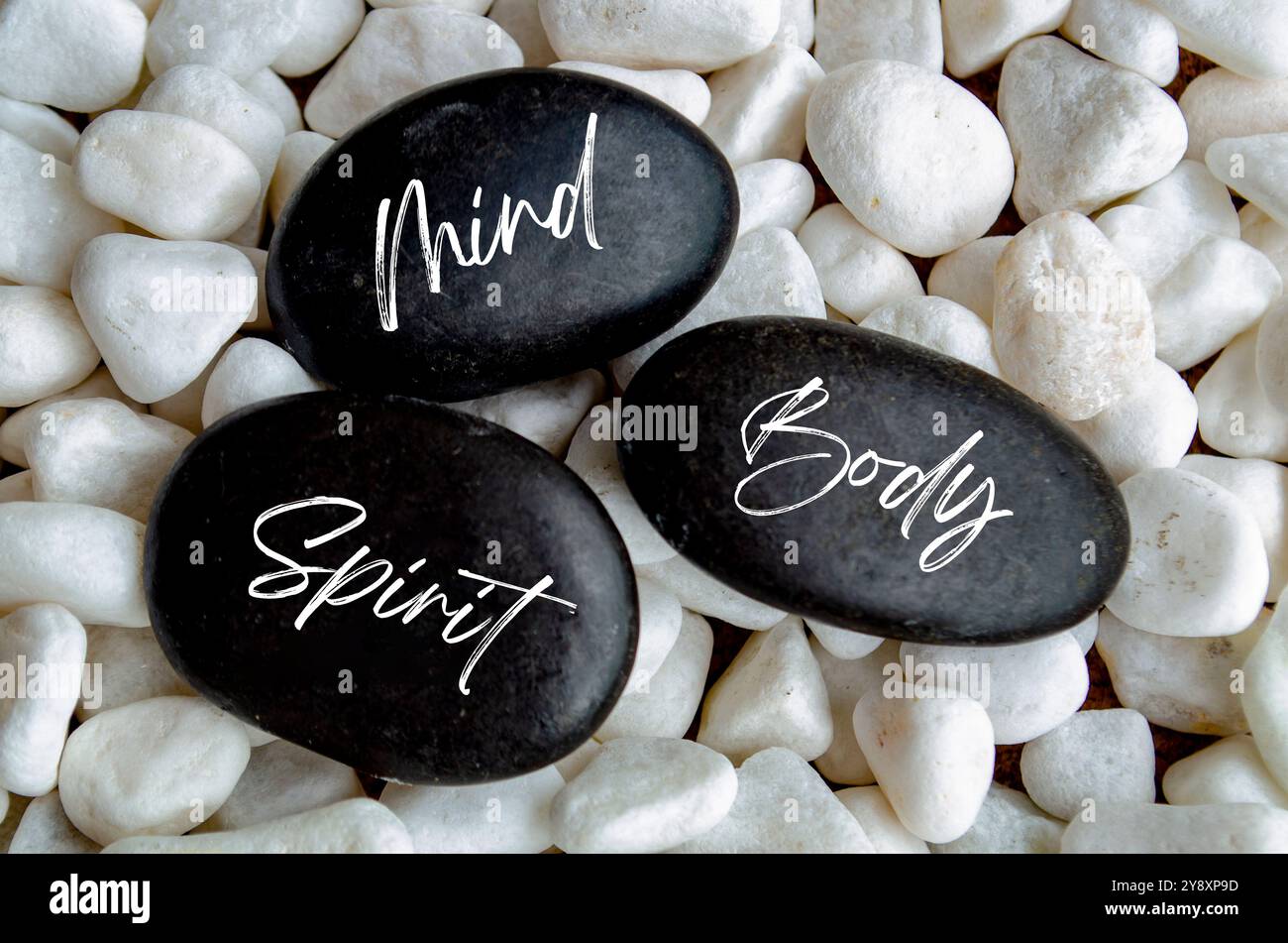 Vista dall'alto della mente, testo dello spirito del corpo su pietre zen nere. Foto Stock