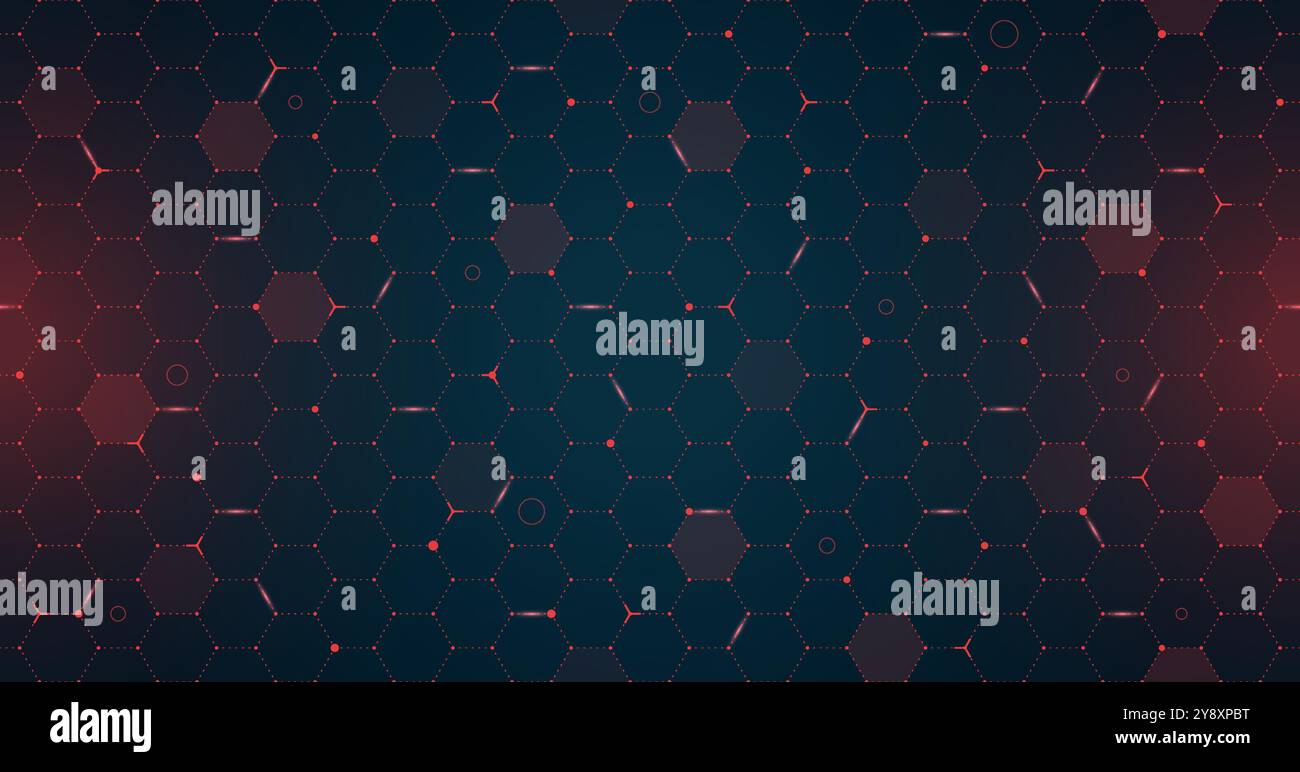 Interfaccia futuristica VR HUD, griglia esagoni. Schema mesh esagonale della schermata dell'interfaccia utente digitale. Design dello sfondo della visiera hi-tech GUI. La navicella spaziale head up visualizza linee esagonali rosse su sfondo scuro. Dashboard FUI Sci Fi Illustrazione Vettoriale