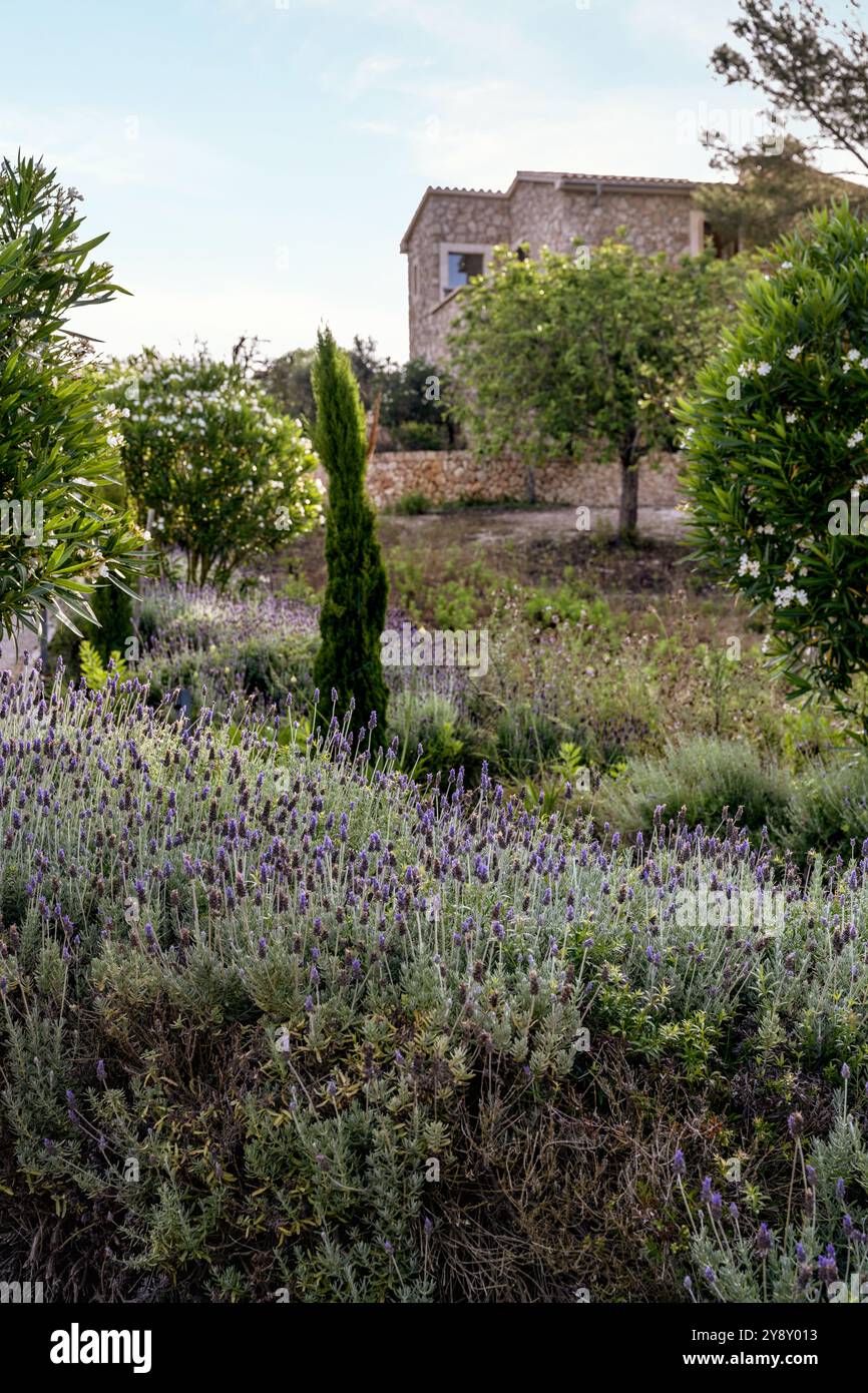 Vista sul giardino della villa spagnola, Maiorca. Foto Stock