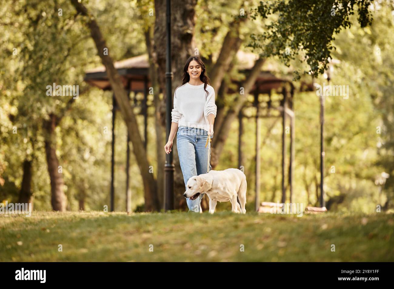 Una bella giovane donna cammina con gioia con il suo cane, circondato da un vivace fogliame autunnale. Foto Stock