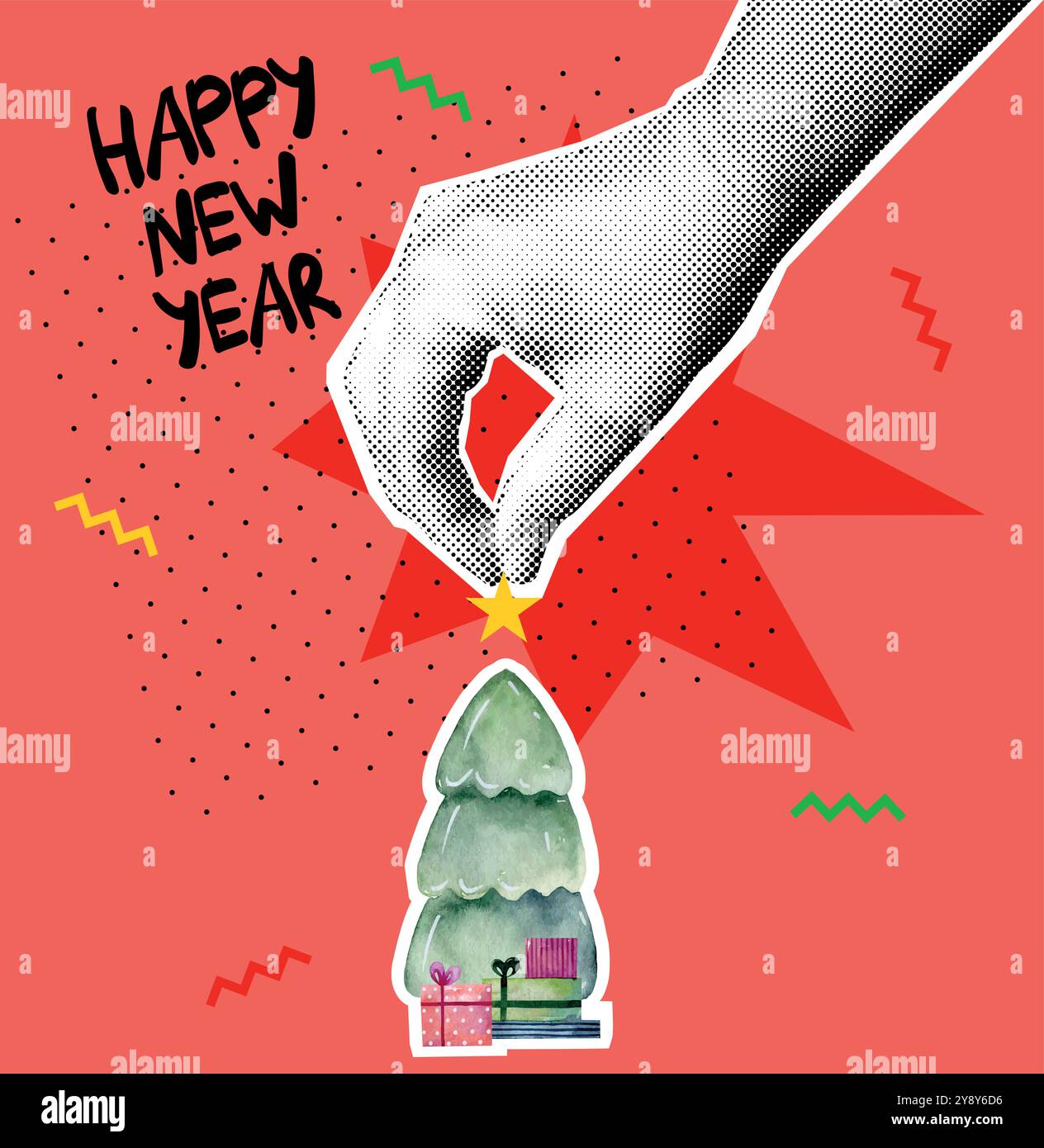 Una mano umana decora un albero di Natale. Felice anno nuovo. Simpatica illustrazione vettoriale per scheda, poster, ecc. Illustrazione Vettoriale