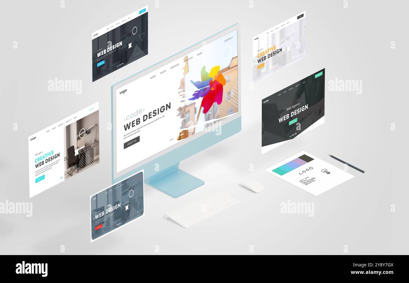 Display con una pagina di progettazione Web concettuale con pagine simili che scorrono intorno, che mostra la potenza di uno studio di progettazione Web. Presentato in un isometto Foto Stock