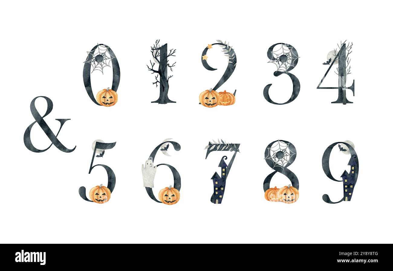 Numeri di halloween degli acquerelli. Illustrazione Vettoriale