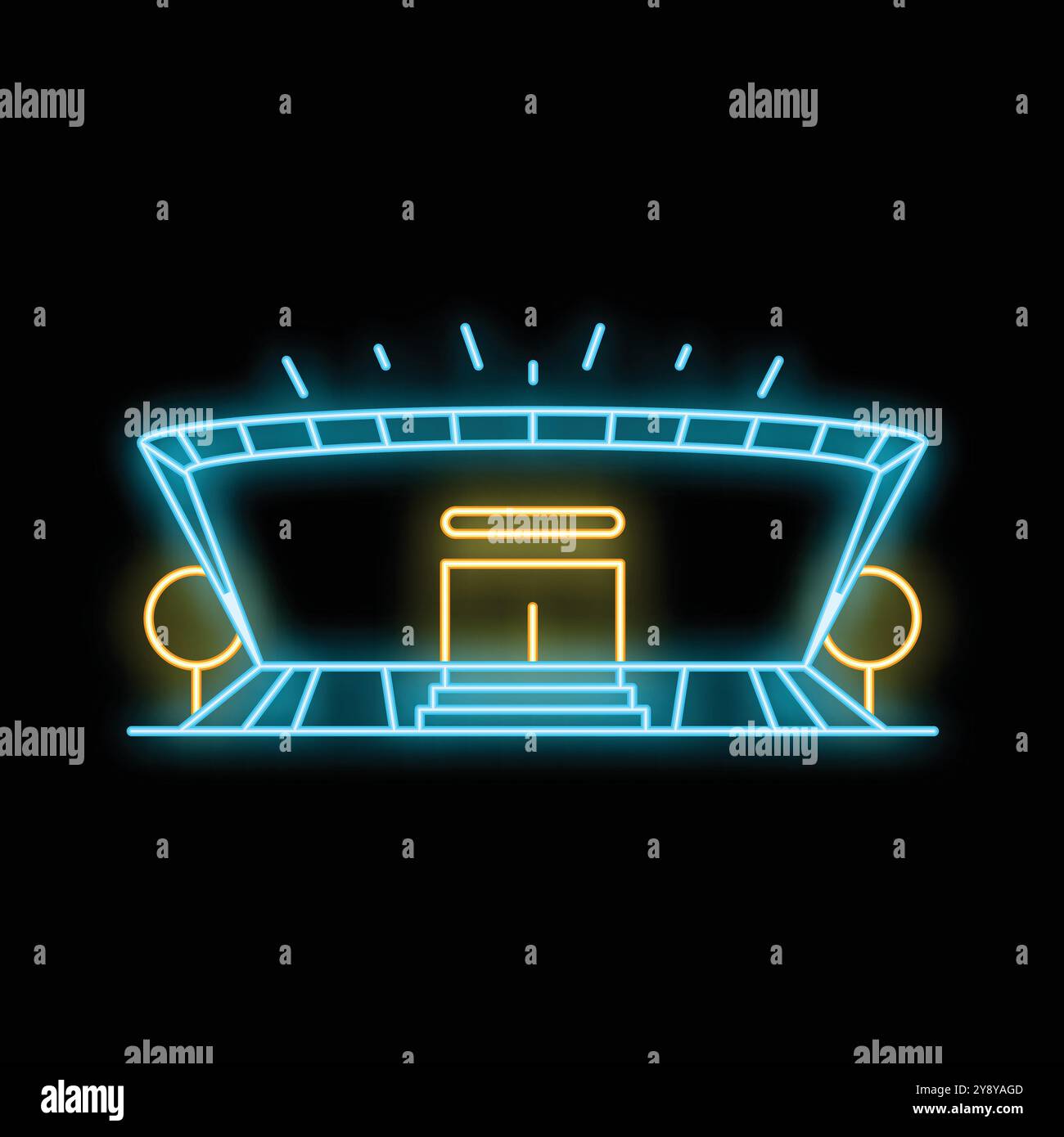 Insegna al neon che raffigura uno stadio di notte, con il suo ingresso e le scale illuminate di giallo e blu Illustrazione Vettoriale