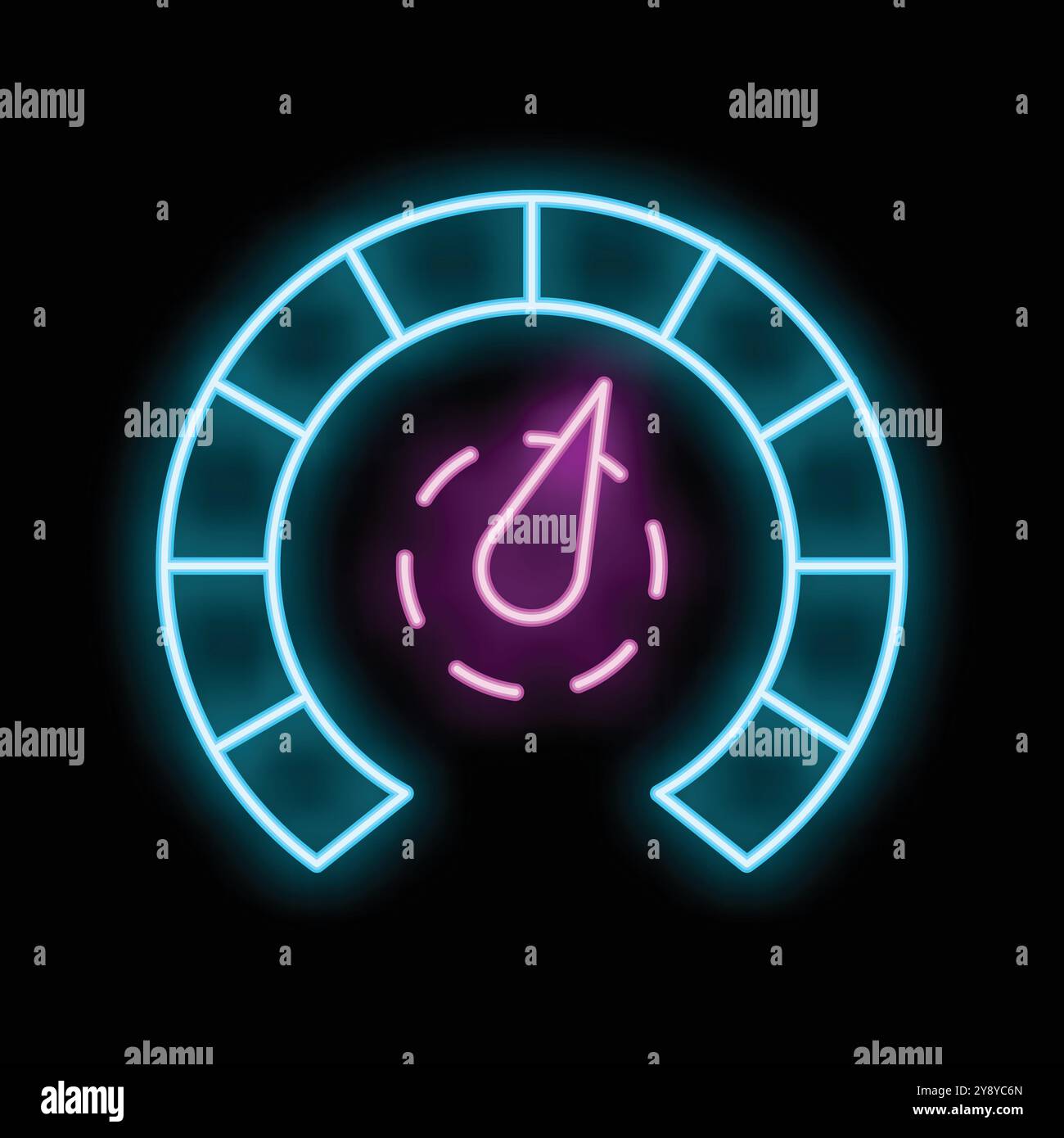 Insegna al neon che illustra un tachimetro con il relativo ago rivolto ad alta velocità su sfondo nero Illustrazione Vettoriale