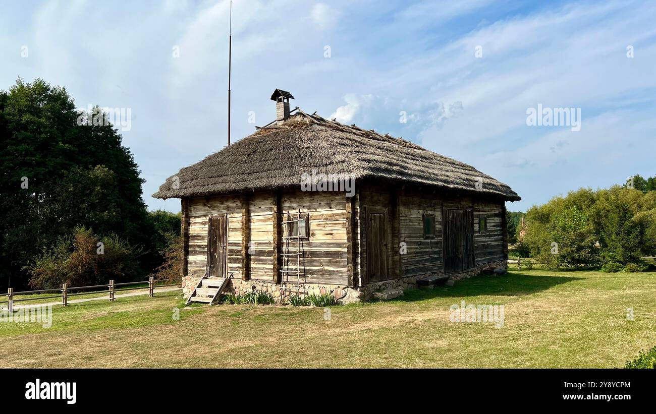 Un vecchio fienile con tetto in legno sullo sfondo del cielo e degli alberi. Un fienile per bestiame. Una vecchia casa in legno con tetto in paglia. - Immagine stock catturata con smartphone