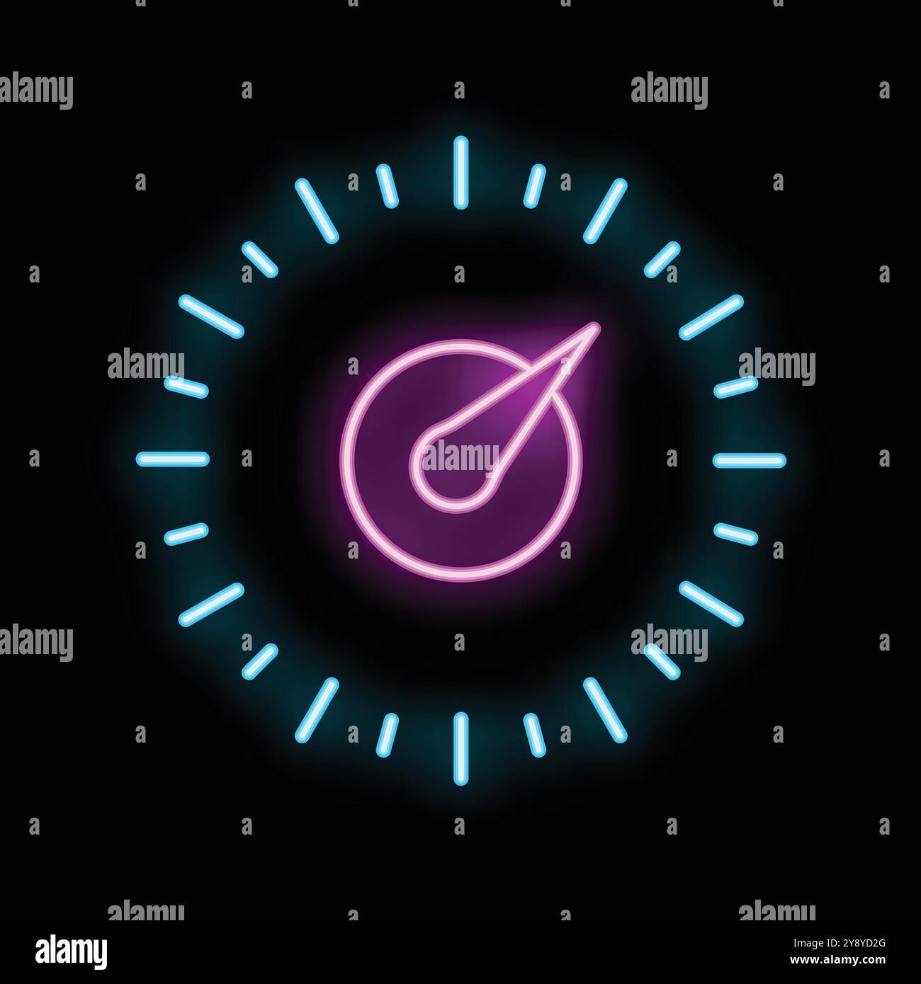 Insegna al neon che illustra un tachimetro con un ago rivolto verso destra, suggerendo velocità e prestazioni Illustrazione Vettoriale