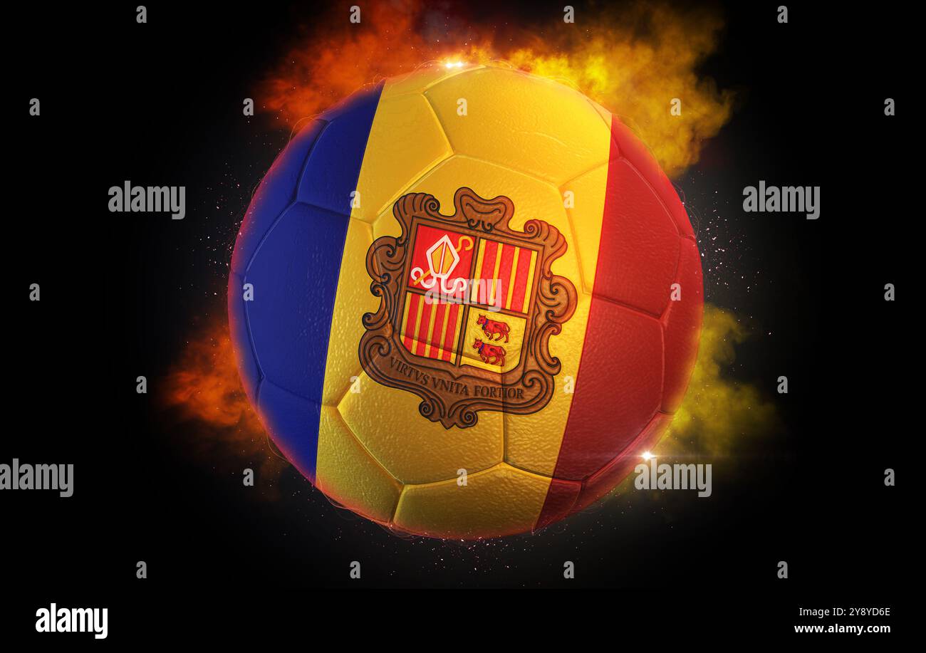 Il pallone da calcio con bandiera andorrana simboleggia la passione e l'emozione per lo sport, catturando energia e potenza. Perfetto per i fan, per festeggiare Foto Stock