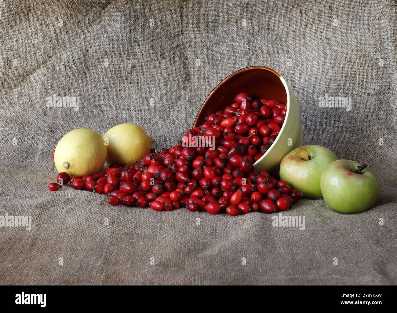 Nella figura sono raffigurate mele, limoni e una ciotola rovesciata con rosa fianchi. Foto Stock