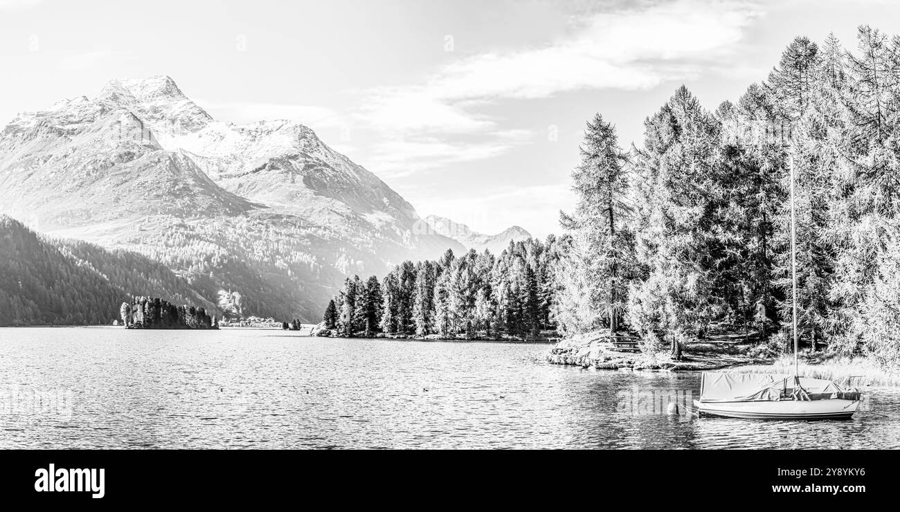 Paesaggio bianco e nero sul lago Sils, Engadina, Grigioni, Svizzera Foto Stock