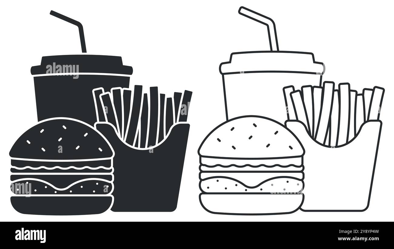 Un'interessante illustrazione di deliziosi hamburger, patatine fritte croccanti e un drink in due stili artistici, che mostrano delizie Illustrazione Vettoriale