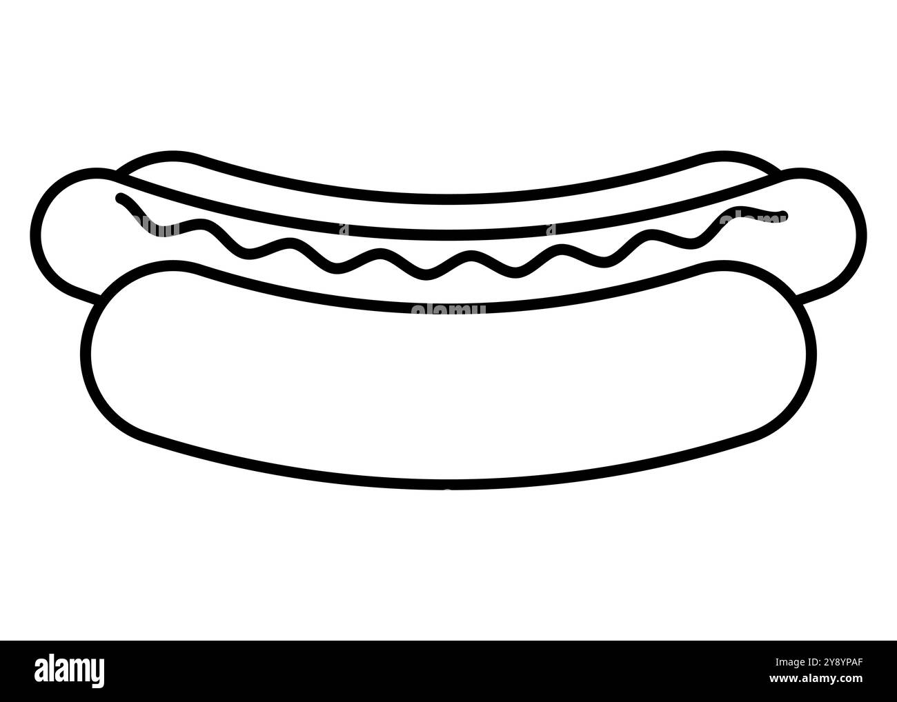 Ecco un semplice contorno che raffigura un classico hot dog, ideale per una varietà di progetti e design legati al settore alimentare Illustrazione Vettoriale
