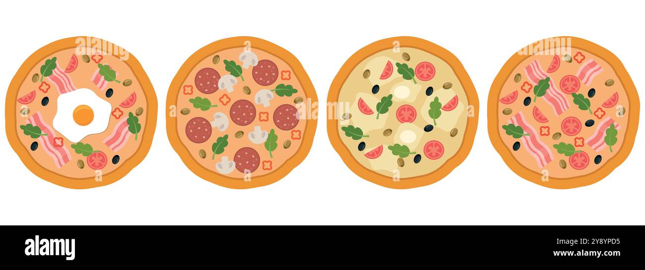 Quattro pizze colorate e vivaci in stile cartoni animati mostrano un'ampia varietà di condimenti diversi e ingredienti deliziosi Illustrazione Vettoriale