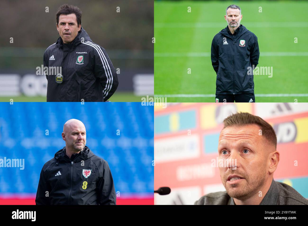 Un'immagine di montaggio dei manager della nazionale di calcio del Galles dal 2012 al 2024: Chris Coleman, Ryan Giggs, Rob Page e Craig Bellamy. Foto Stock Un'immagine di montaggio dei manager della nazionale di calcio del Galles dal 2012 al 2024: Chris Coleman, Ryan Giggs, Rob Page e Craig Bellamy. Foto Stock