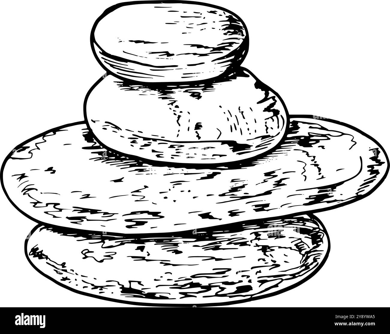 Piramide di quattro pietre marine di diverse dimensioni vettoriali illustrazione disegnata a mano. Disegno inciso di ciottoli che si bilanciano l'uno sull'altro. Illustrazione Vettoriale