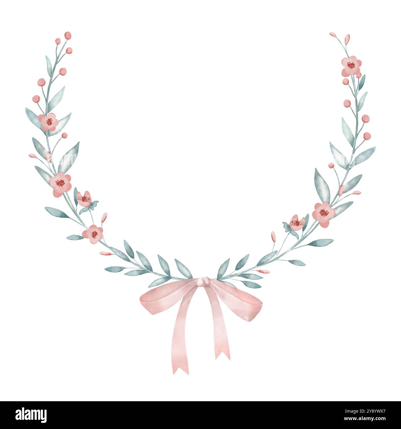 Corona floreale con fiori rosa pastello e foglie verde blu per biglietti d'auguri o inviti. Illustrazione acquerello per il modello cartoline. Disegno di profilato circolare con nastro e arco. Foto Stock