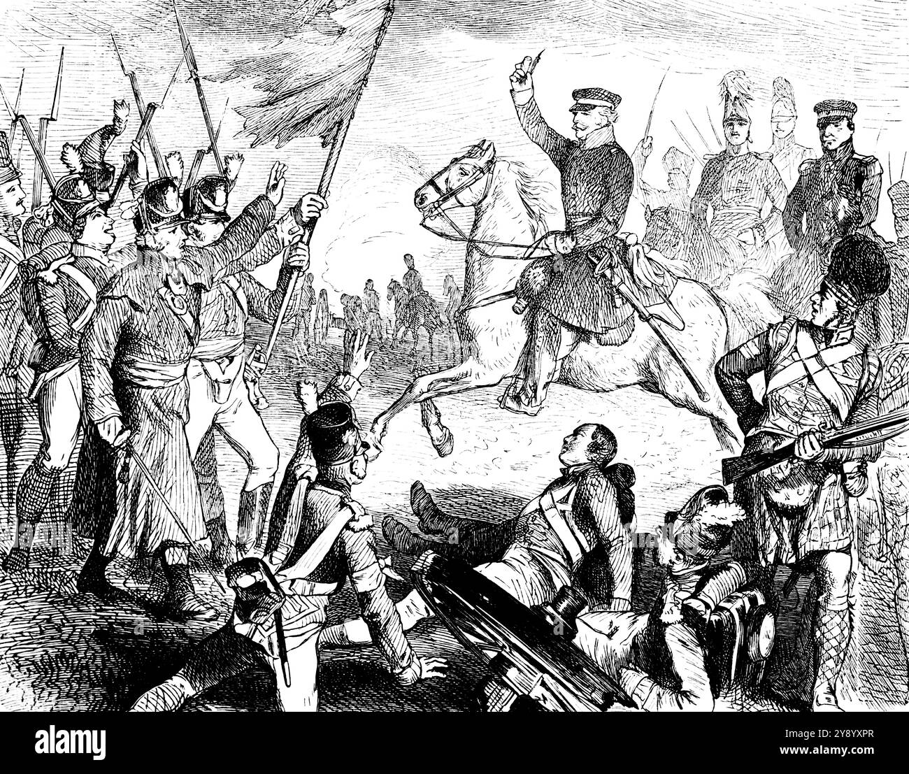 Hurray, il IV corpo prussiano di Bülow che arriva a Waterloo aiutando le truppe alleate, Battaglia di Waterloo, Belgio, illustrazione storica 1882 Foto Stock