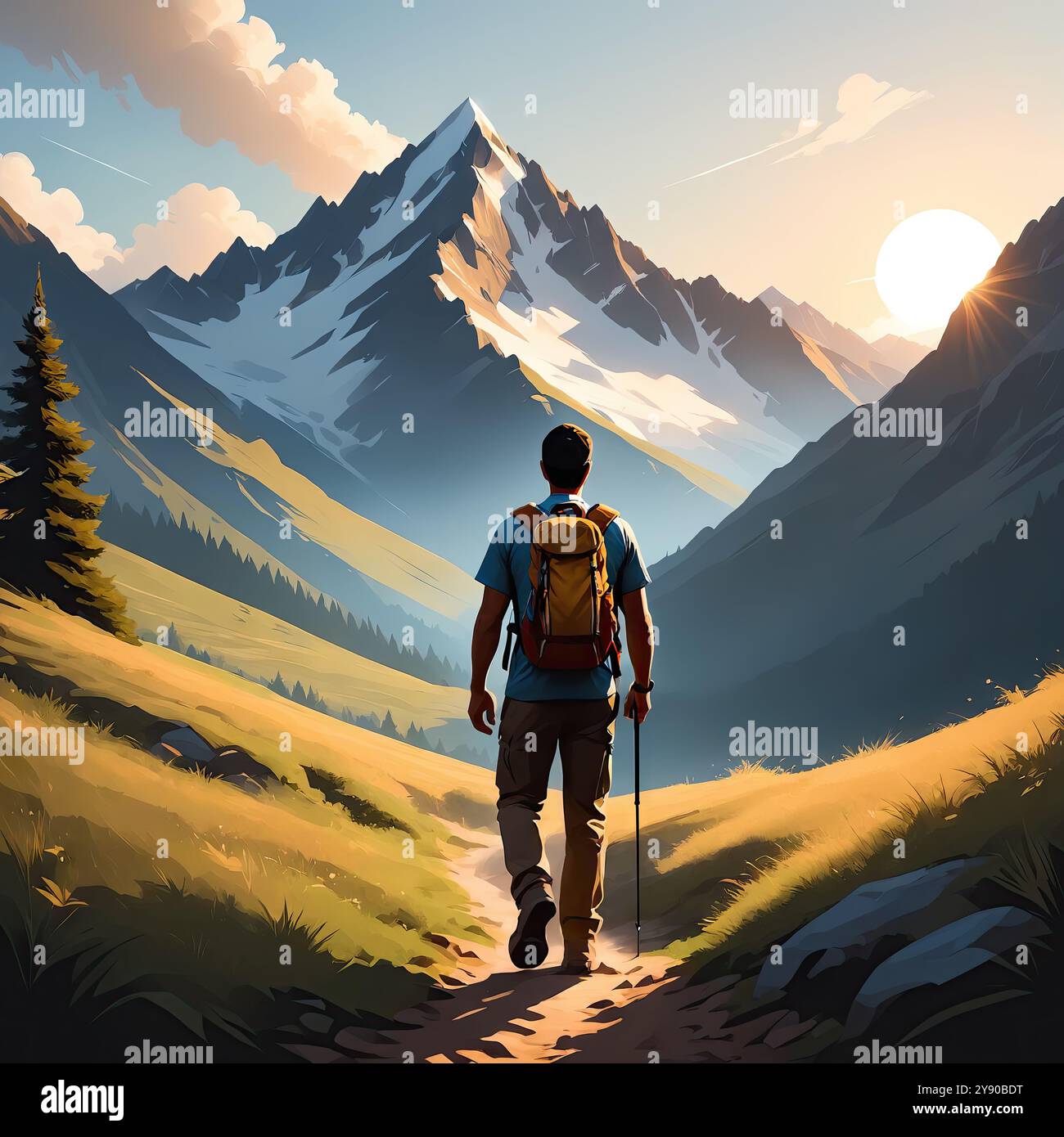 Solo Mountain Hiker Cartoon Adventure Backpacking Journey Scenic Landscape Nature Tourism Travel Illustration. Vivace illustrazione a cartoni animati Foto Stock