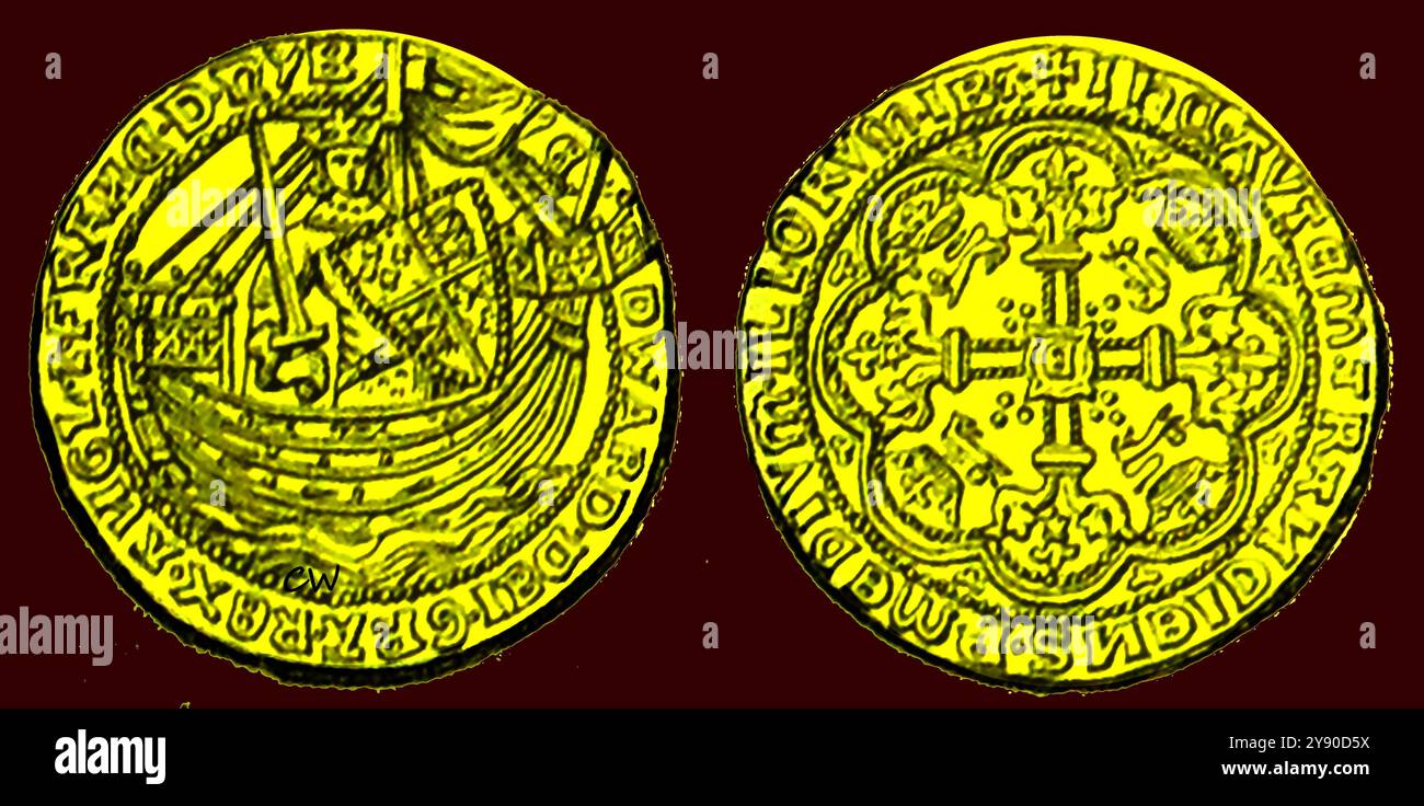 Una moneta d'oro inglese nobile di Edoardo III. La prima moneta d'oro britannica ad essere emessa in quantità Foto Stock