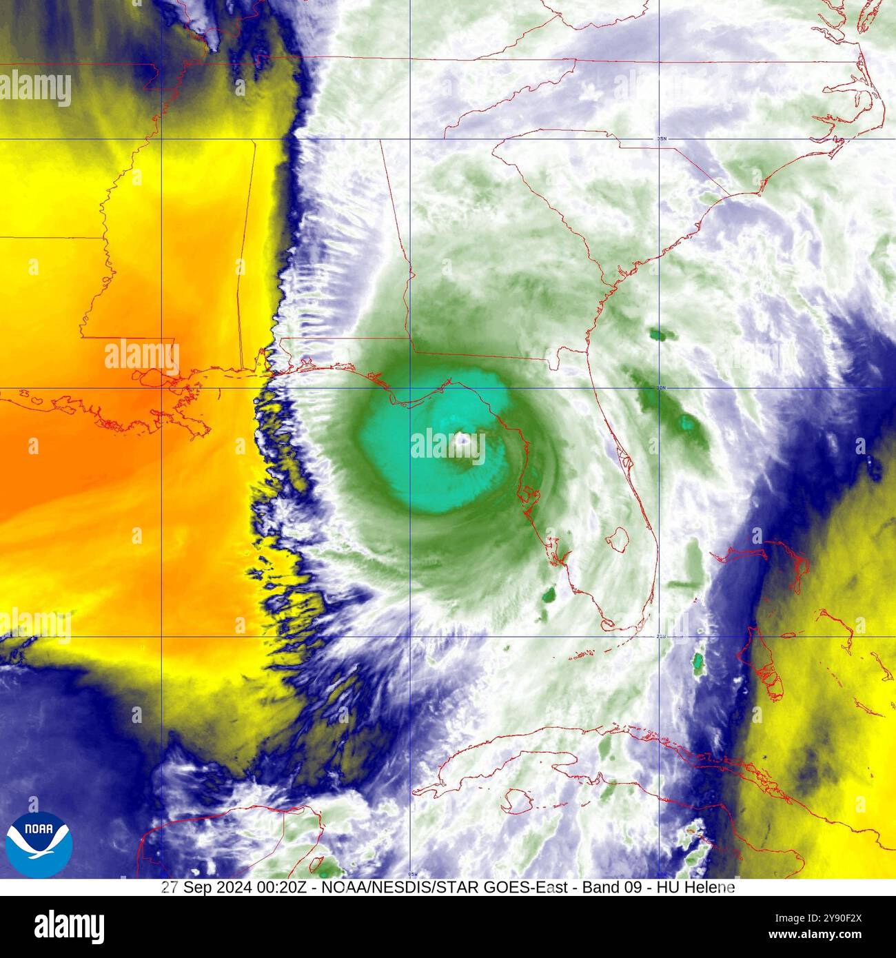 Immagine satellitare NOAA dell'uragano Helene come una tempesta di mostro di categoria 4 prima di atterrare in Florida il 26 settembre 2024. Foto Stock