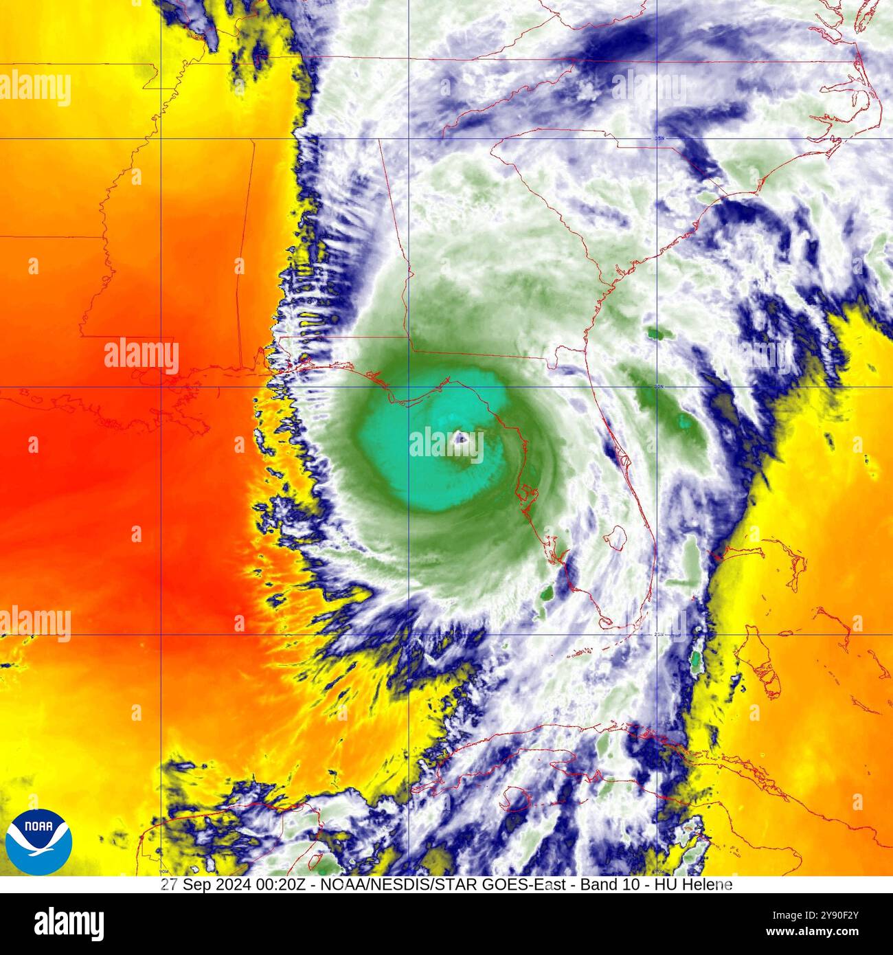 Immagine satellitare NOAA dell'uragano Helene come una tempesta di mostro di categoria 4 prima di atterrare in Florida il 26 settembre 2024. Foto Stock