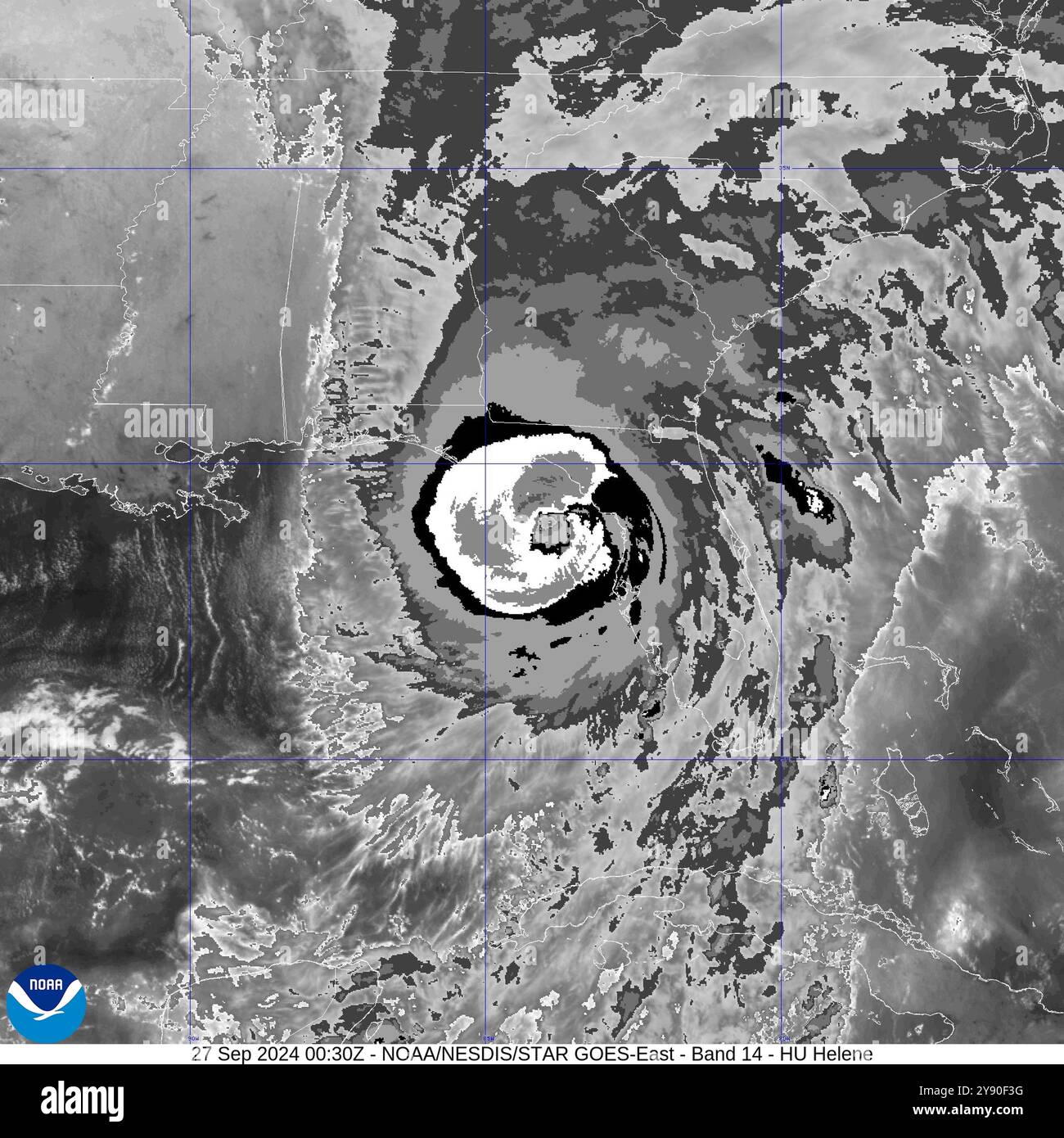 Immagine satellitare NOAA dell'uragano Helene come una tempesta di mostro di categoria 4 prima di atterrare in Florida il 26 settembre 2024. Foto Stock