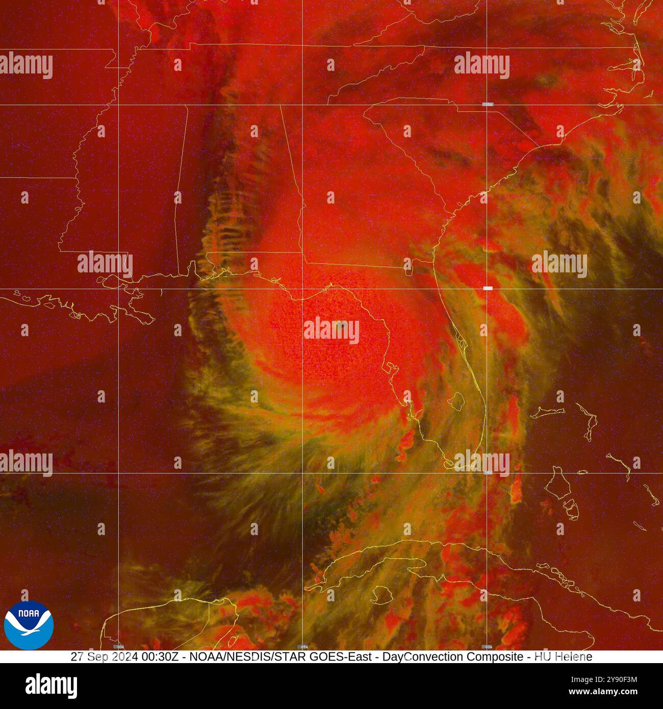 Immagine satellitare NOAA dell'uragano Helene come una tempesta di mostro di categoria 4 prima di atterrare in Florida il 26 settembre 2024. Foto Stock