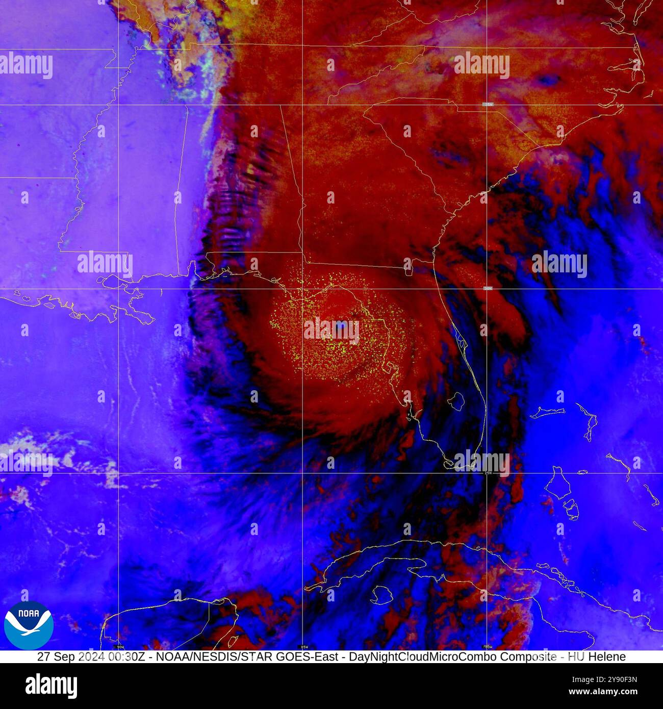 Immagine satellitare NOAA dell'uragano Helene come una tempesta di mostro di categoria 4 prima di atterrare in Florida il 26 settembre 2024. Foto Stock