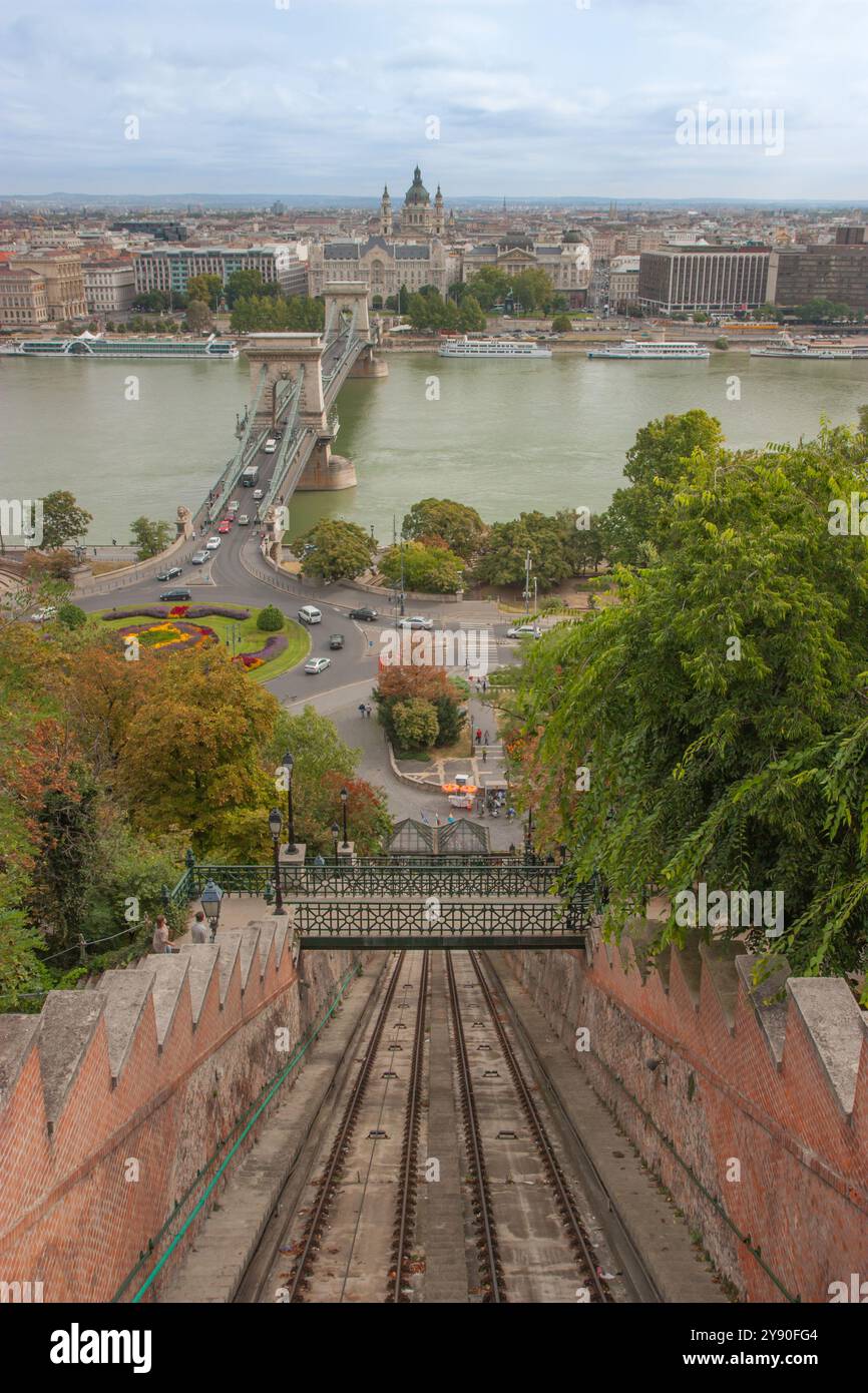 Paesaggio urbano della funicolare del castello di Buda con il ponte a catena e la basilica di Santo Stefano e il fiume Danubio nel mezzo. Foto Stock