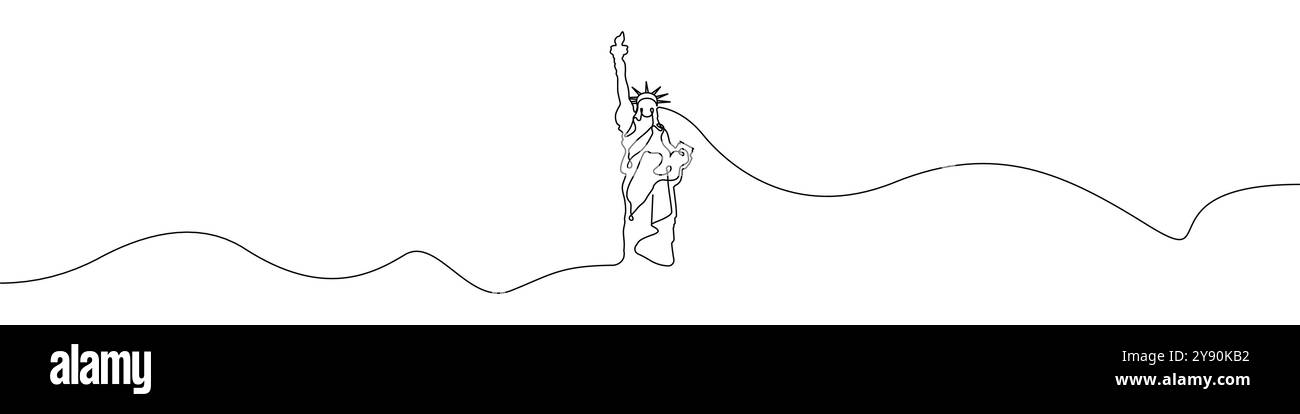 Icona Statua della libertà, vettore di disegno continuo. Sfondo vettoriale dell'icona Statua della libertà su una riga. Icona della Statua della libertà degli Stati Uniti. Continuo Illustrazione Vettoriale