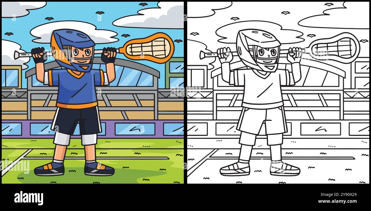 Giocatore di lacrosse con illustrazione colorazione bastone Illustrazione Vettoriale