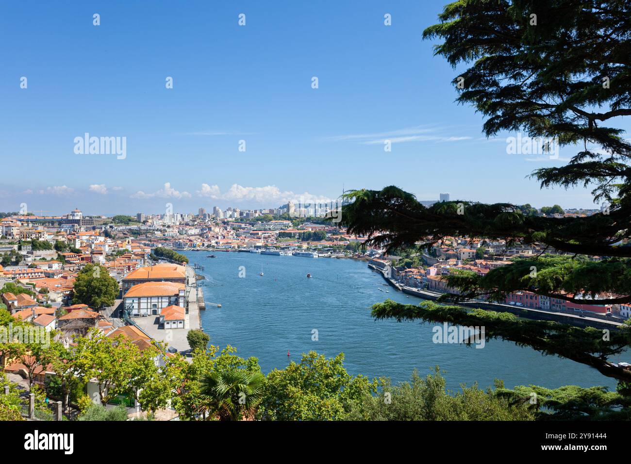 Le città di Porto (a sinistra) e Vila Nova de Gaia (a destra) separate dal fiume Douro (Rio Douro), viste dai giardini Palácio de Cristal, Portogallo. Foto Stock