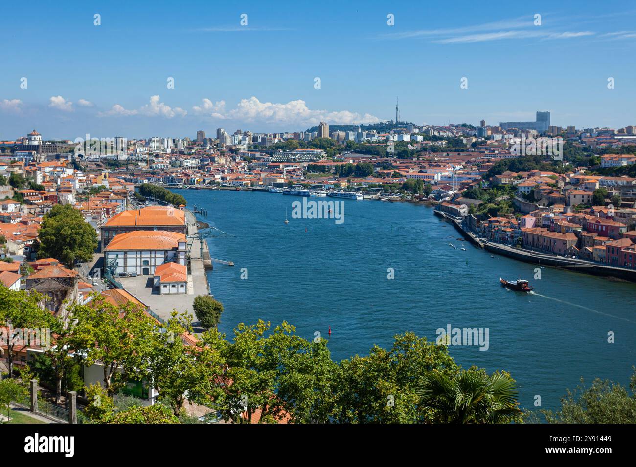 Le città di Porto (a sinistra) e Vila Nova de Gaia (a destra) separate dal fiume Douro (Rio Douro), viste dai giardini Palácio de Cristal, Portogallo. Foto Stock