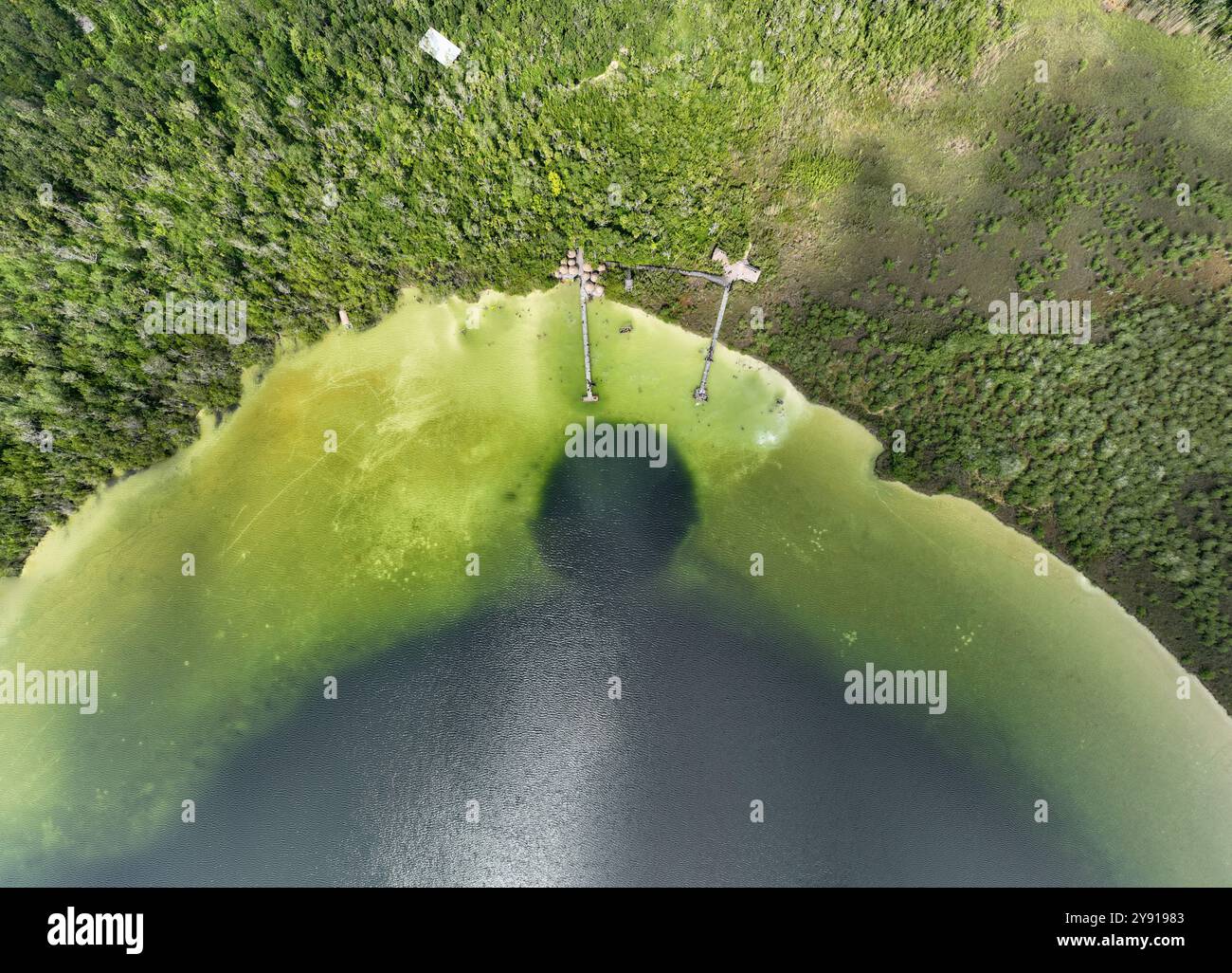 Vista aerea della laguna Kaan Luum. Situato appena fuori Tulum, Messico, si trova una laguna con acque poco profonde e limpide, popolare tra la gente del posto e i turisti. Foto Stock