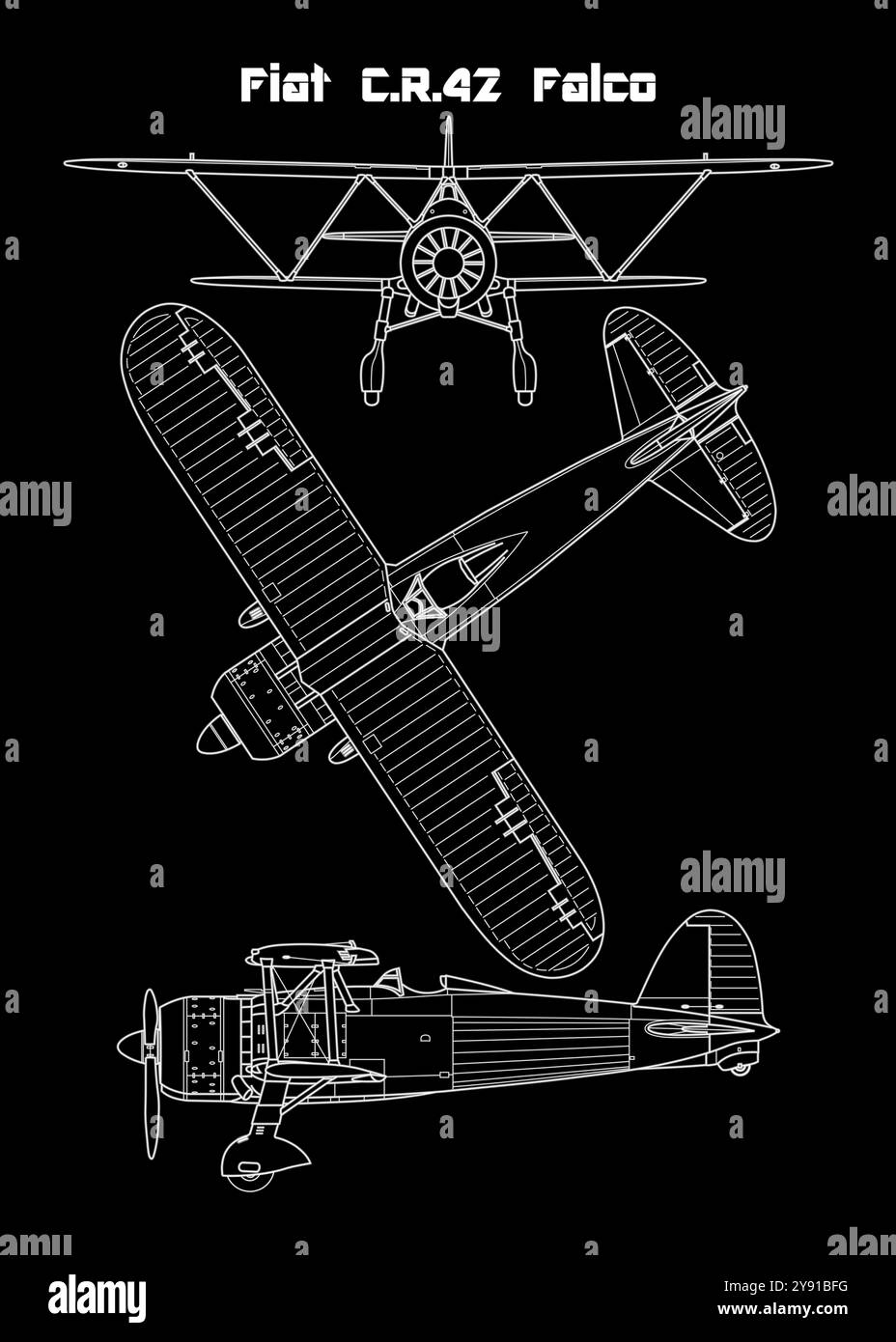 Un progetto dettagliato del Fiat C.R.42 Falco, un aereo da caccia biplano italiano. Illustrazione Vettoriale