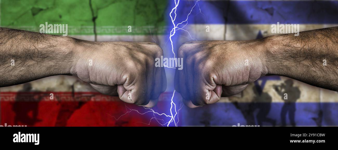 Conflitto tra Israele e Iran e tensione politica. Concetto di guerra tra Israele e Iran Foto Stock