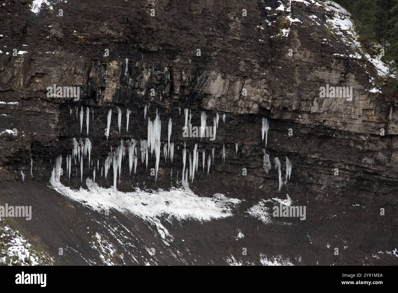 Icles nel RAM Falls Provincial Park vicino a Forestry Trunk Road nella contea di Clearwater, Alberta, Canada Foto Stock