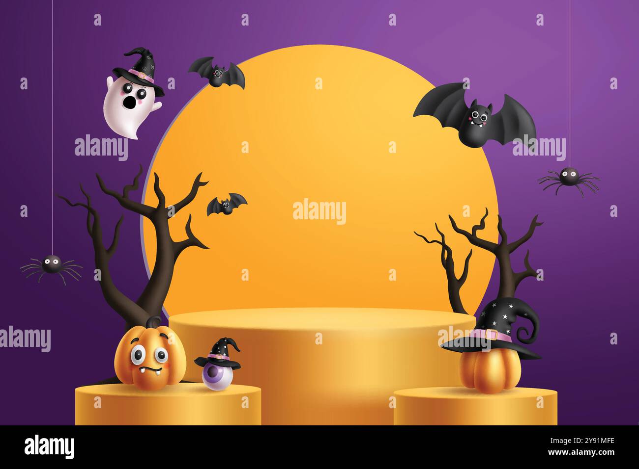 Design del modello vettoriale del podio di Halloween. Presentazione del podio di Halloween con zucche, ghost, pipistrelli e elementi decorativi ragni. Illustrazione Vettoriale