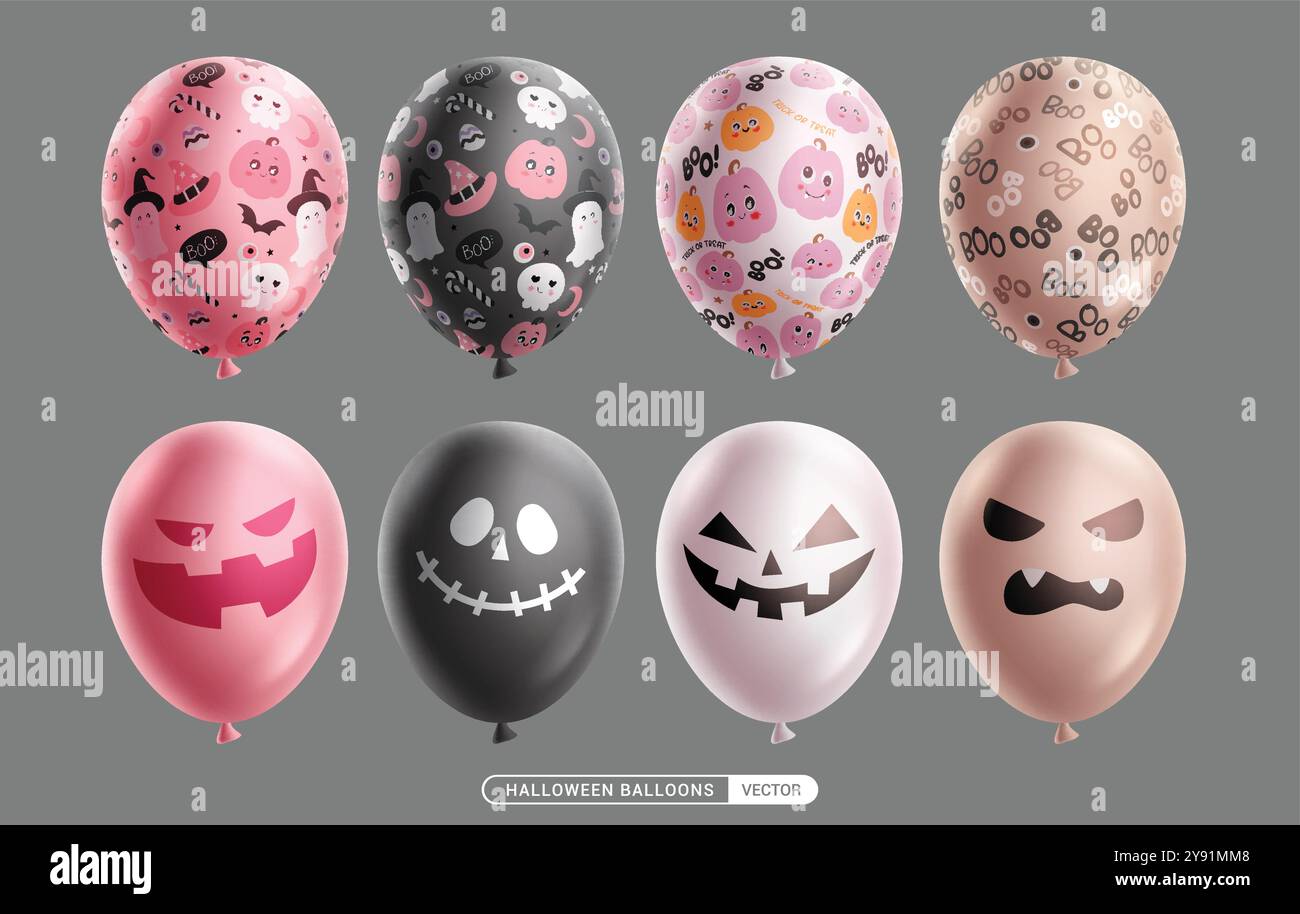 Design vettoriale dei palloncini di Halloween. Collezione gonfiabile di palloncini con motivo e stampa inquietanti, spaventosi, stravaganti e divertenti per feste horror per bambini Illustrazione Vettoriale