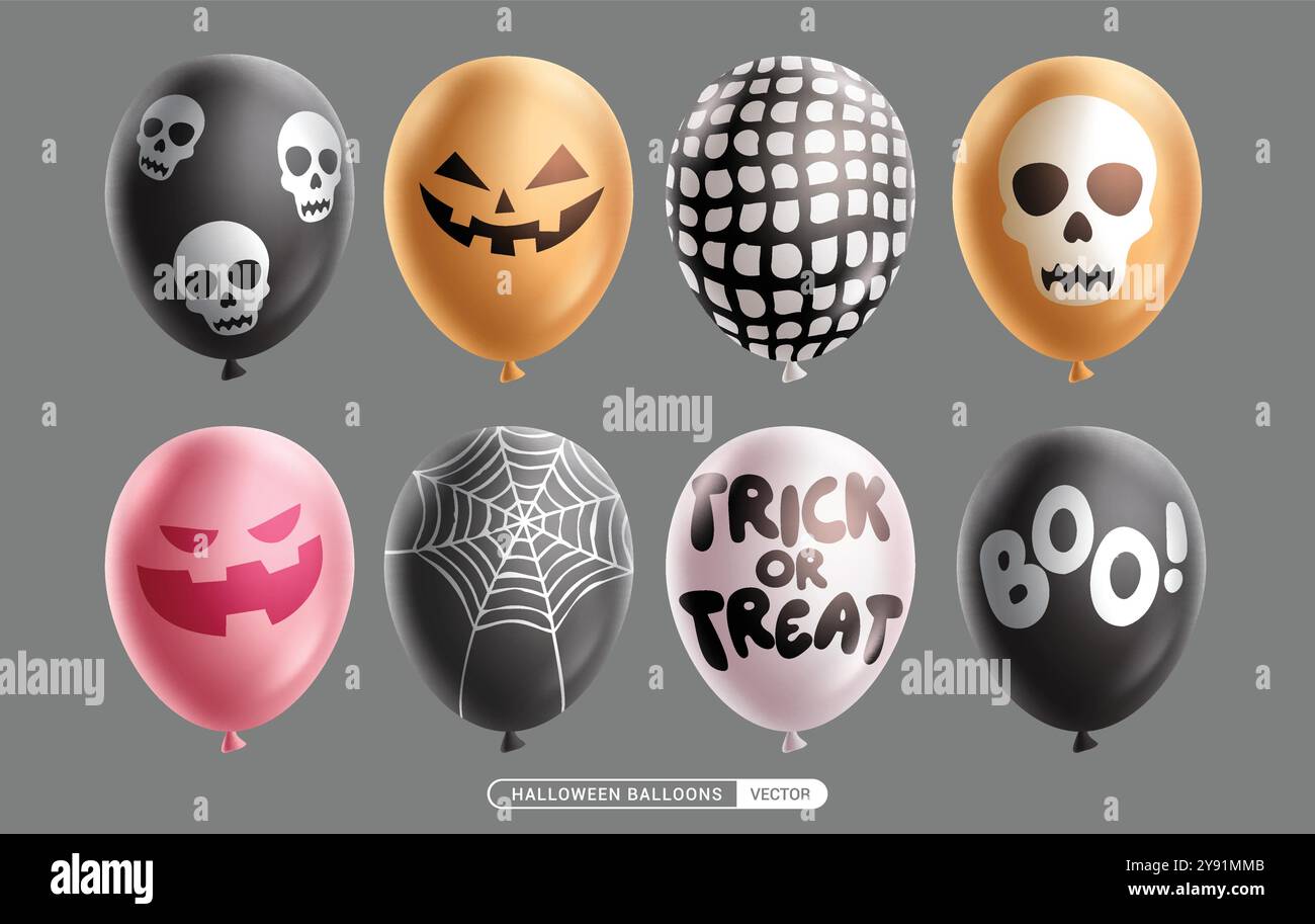 Design vettoriale dei palloncini di Halloween. Collezione gonfiabile Balloons Halloween con il viso inquietante, la stampa skittish e gli elementi decorativi spaventosi. Vettore Illustrazione Vettoriale