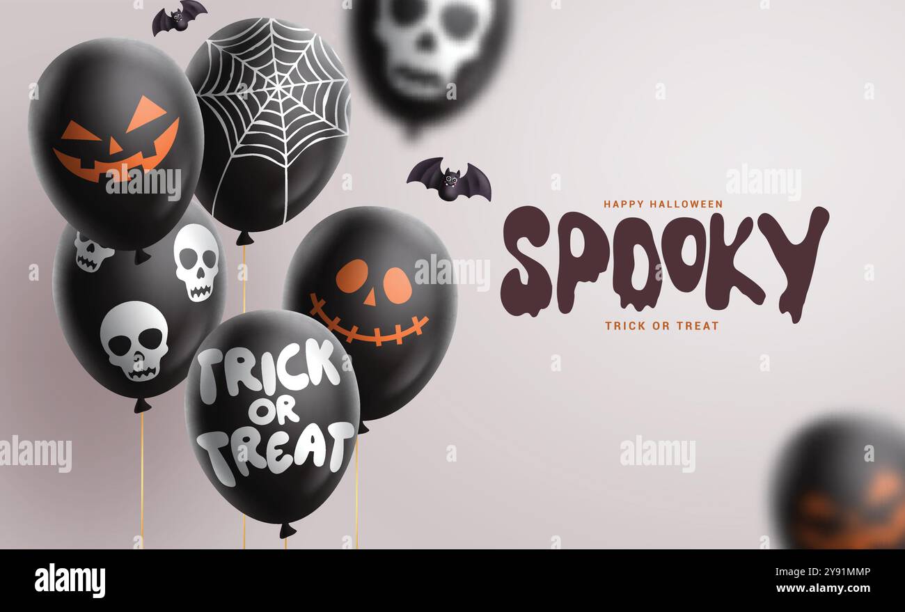 Halloween, spaventoso design vettoriale di benvenuto. Felice testo di Halloween con palloncini neri che fluttuano in un motivo spaventoso, inquietante e strisciante per spaventosi Illustrazione Vettoriale