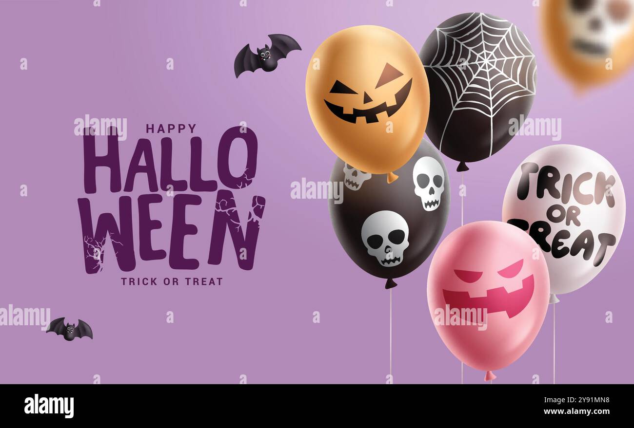 Design vettoriale del testo del saluto di Halloween. Saluto di halloween con palloncini e decorazioni in motivi spaventosi, inquietanti e stravaganti. Vettore Illustrazione Vettoriale