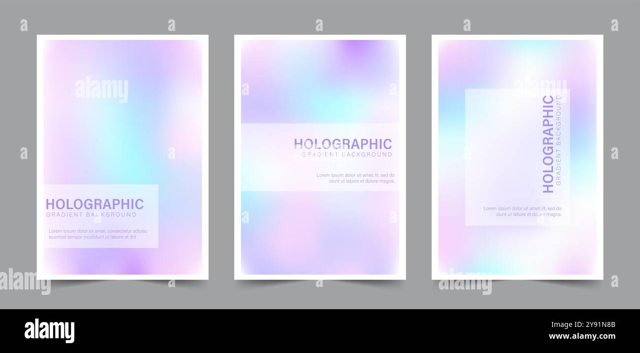 Sfondo gradiente olografico Y2K. Set di modelli di neon astratti alla moda. Poster iridescenti. Moderno vettore perlescente. Minimalista pastello Illustrazione Vettoriale