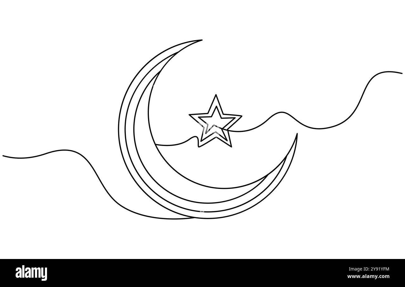Un disegno continuo della Luna con le stelle. Striscione Ramadan Kareem in semplice stile lineare. Simbolo del sonno con mezzaluna in tratto modificabile Illustrazione Vettoriale
