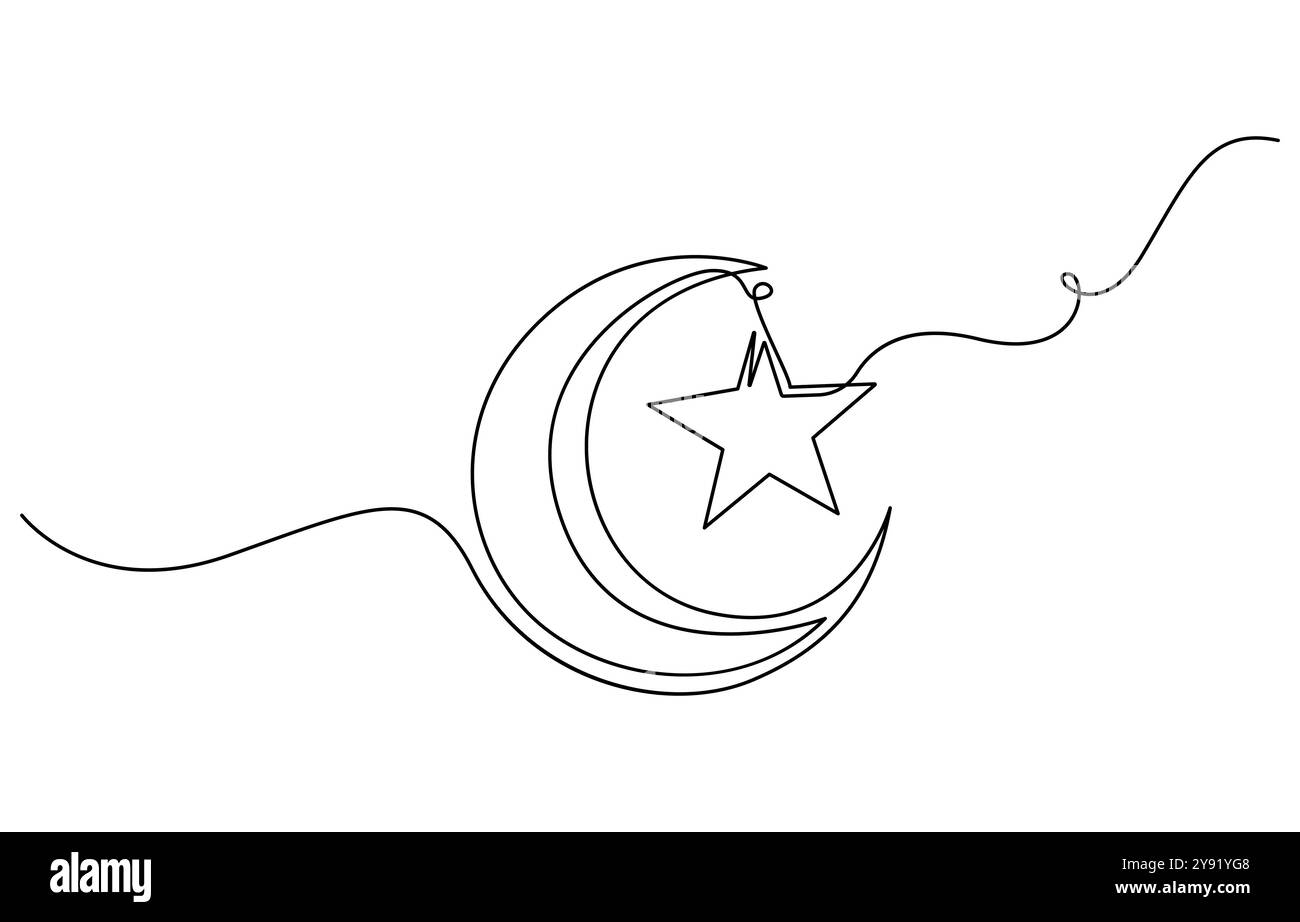 Un disegno continuo della Luna con le stelle. Striscione Ramadan Kareem in semplice stile lineare. Simbolo del sonno con mezzaluna in tratto modificabile Illustrazione Vettoriale