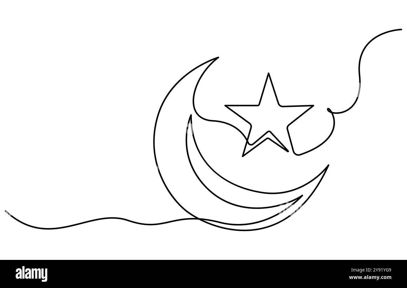Un disegno continuo della Luna con le stelle. Striscione Ramadan Kareem in semplice stile lineare. Simbolo del sonno con mezzaluna in tratto modificabile Illustrazione Vettoriale