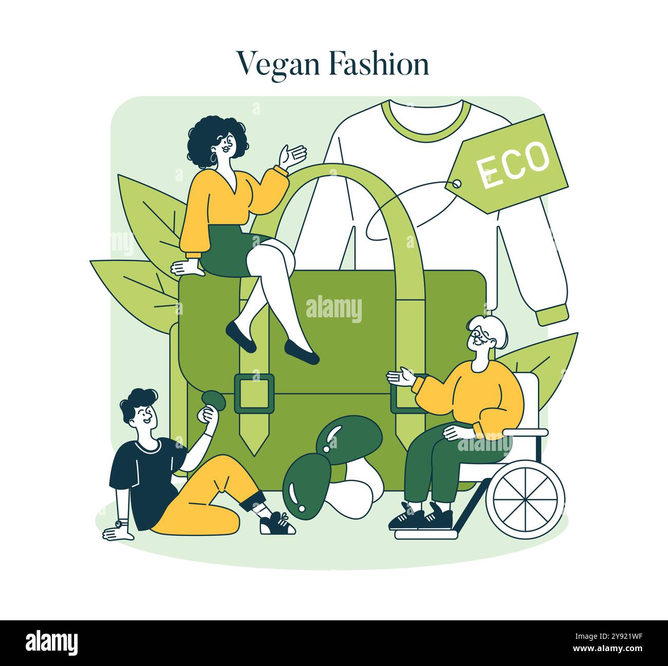 Concetto di moda sostenibile. L'illustrazione cattura lo spirito dell'abbigliamento e degli accessori ecologici con personaggi gioiosi. Illustrazione vettoriale. Illustrazione Vettoriale