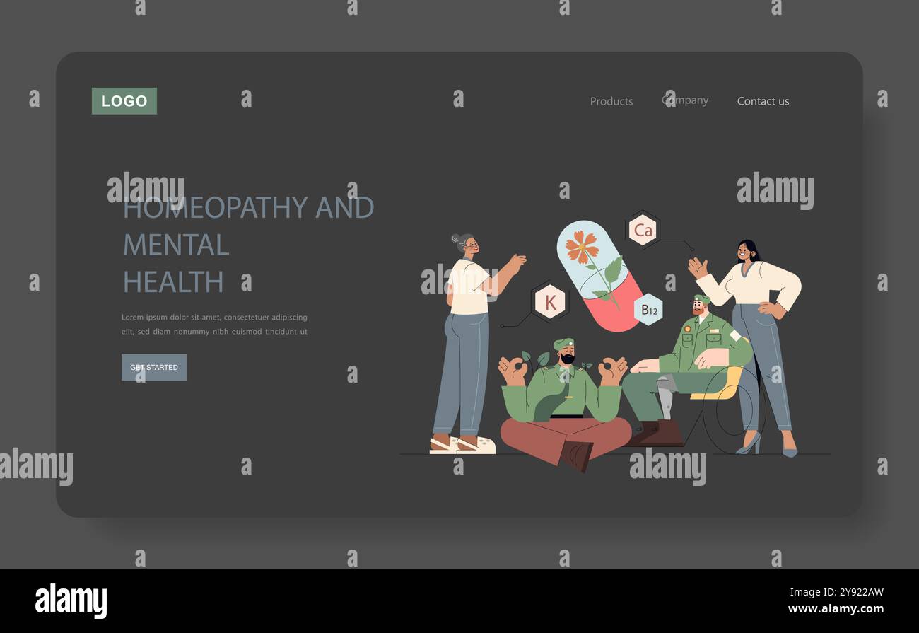 Concetto di omeopatia. Un'illustrazione che mostra la medicina alternativa utilizzata per migliorare la salute mentale con le persone ed elementi simbolici. Illustrazione vettoriale. Illustrazione Vettoriale